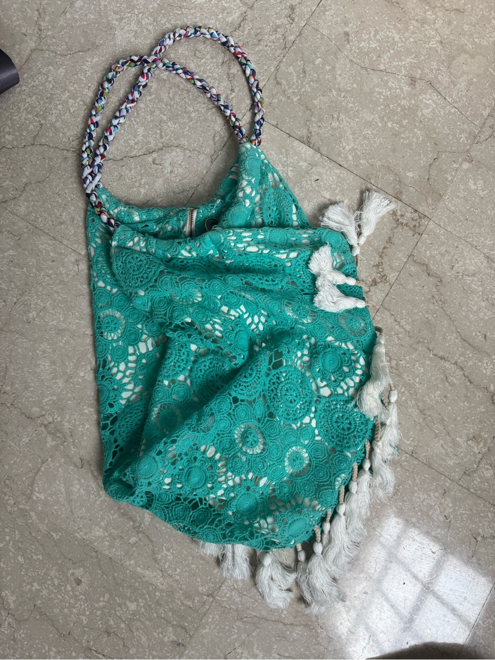 Teal Crochet Tassel Beach Tote